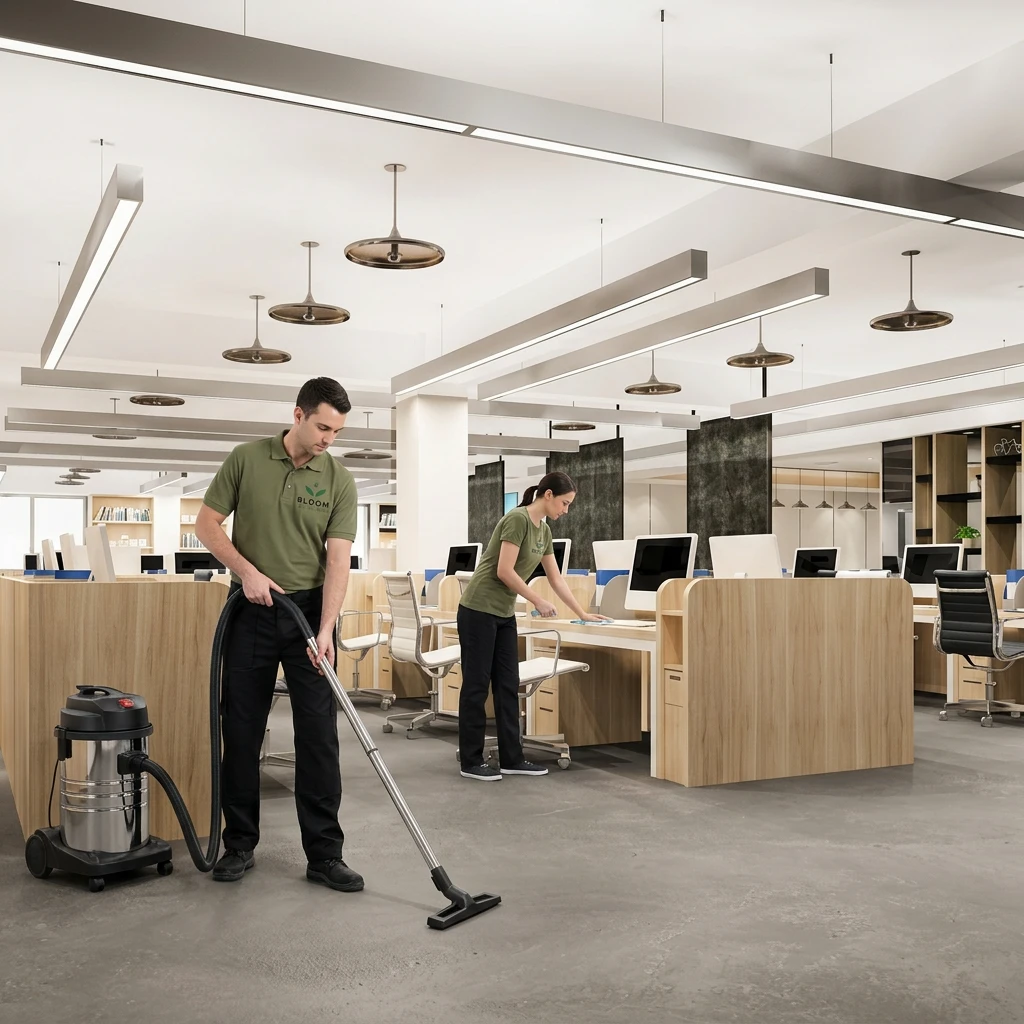 Bloom Service medarbejdere gør rent på et kontor